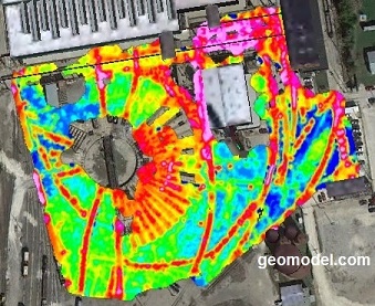 Buried railroad train tracks located with electromagnetic conductivity (EM) by GeoModel, Inc.