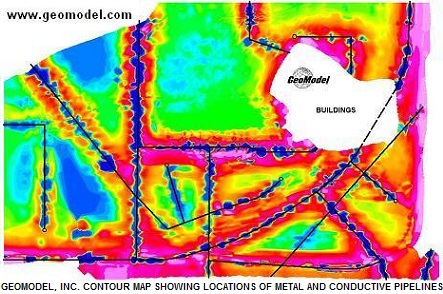 Metal detection contour map produced by metal detector survey data and visualization 
software by GeoModel, Inc.