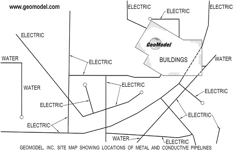 Locations of Metal Pipelines Located based on results of an EM metal detection survey conducted by GeoModel, Inc.